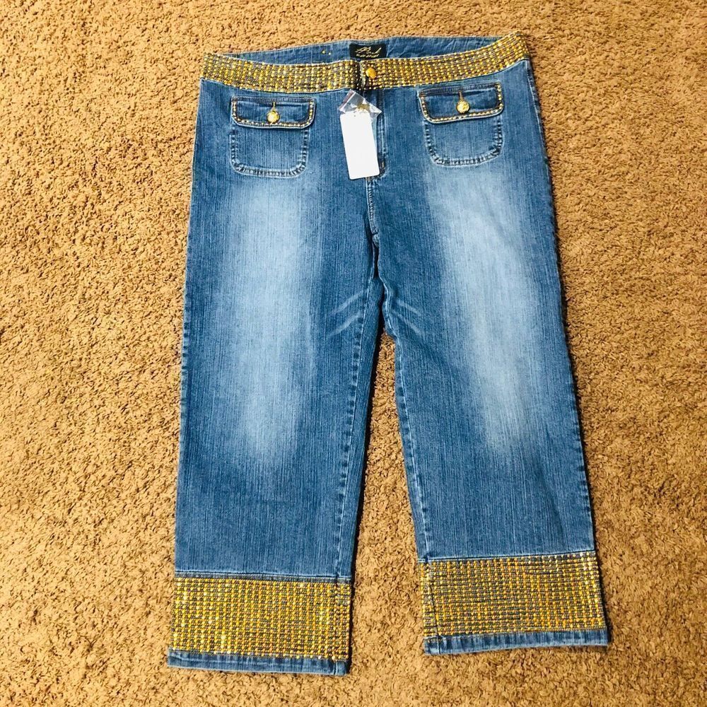 P. Plush Blue Denim Capri‎ Jeans Gold Rhinestone Embellished Cropped Pants US 23 - Picture 4 of 6